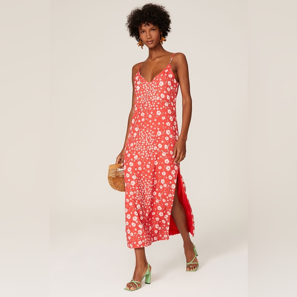 ROAM Red Valencia Slip Dress Size Large red White Floral Crepe